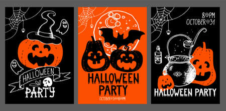 Vertical halloween posters set. Hand drawn pumpkin spider web full moon bat ghosts witchs cauldron lettering halloween party. Symbols of the autumn holiday in October. Stock vector illustration.のイラスト素材