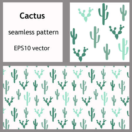 Green cacti seamless pattern and rectangular backdrop. Diffirent shapes hand drawn succulents for banner scrapbooking paper packaging. Stock vector illustration isolated on transparent background.のイラスト素材