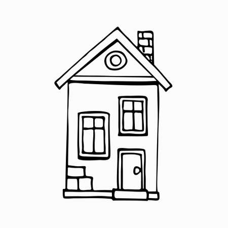 A hand drawn simple doodle outline house with a chimney two windows and a door. Building for logo icon. Stock vector illustration isolated on white background.のイラスト素材