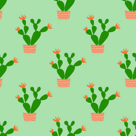 Seamless pattern of blooming cacti in flower pots on a delicate green background. Hand drawn simple flat home plant succulent for wrapping scrapbooking paper banner. Stock vector illustration.のイラスト素材