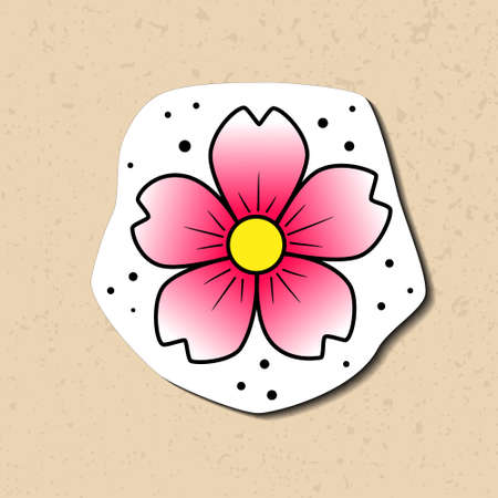 Old school tattoo flower colorful sticker. Hand drawn black outline bright pink inflorescence. Traditional classic tattoo sketch.のイラスト素材