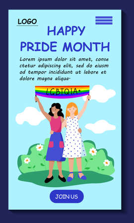 Happy pride month. LGBT mobile app template. Lesbian family two young women with rainbow flag. Web site design easy to edit and customize.のイラスト素材