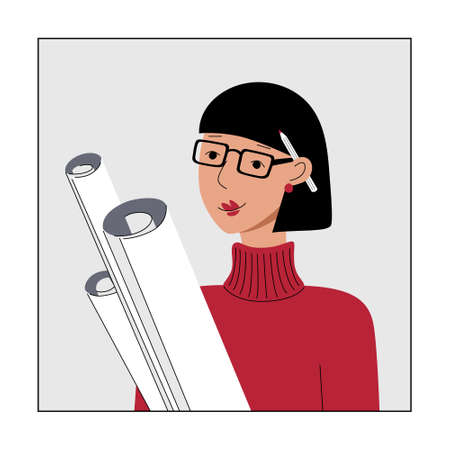 Young woman in glasses with paper in hands and pencil behind ear. Creative profession concept...