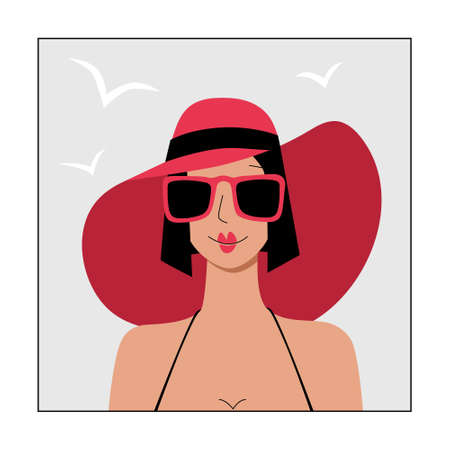 Young woman in wide brimmed hat and dark glasses. Tourist resting on the beach. Concept of summer vacation in a seaside resort. Avatar social media user icon. Stock vector flat illustration isolated.のイラスト素材