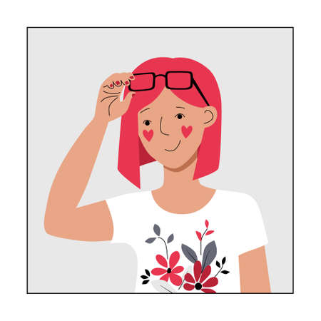 Girl in a T shirt with a floral pattern with pink hair and glasses on her head. The concept of a summer holiday carefree. Social media avatar user icon. Stock vector modern flat illustration isolated.のイラスト素材