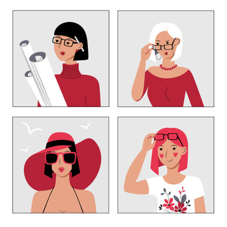 Female avatar user icon set. Cute girls in glasses vacationer sunbathing on the beach. Working with papers in hands. Characters social media web design. Stock vector flat modern illustration isolatedのイラスト素材