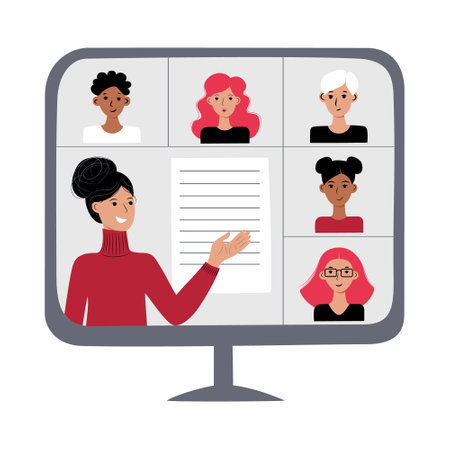 Online education webinar concept. E training lecture lesson. Computer monitor. Faces of teacher and students male female different races. Stock vector flat illustration isolated on white background.のイラスト素材