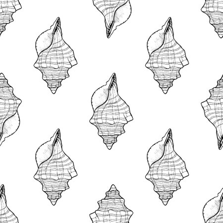 Seashell seamless pattern. Marine life ocean floor hand drawn ink doodle sketch outline. Background for paper for scrapbooking wrapping. Stock vector illustration.のイラスト素材