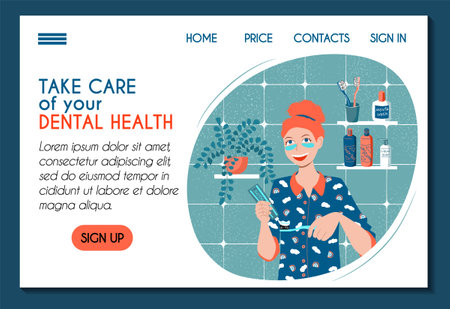 Web site template for dental clinic. Tooth health oral hygiene. Young woman brushes her teeth with a herbal paste. Daily routine. Stock modern flat illustration concept for landing page ui ux design.のイラスト素材