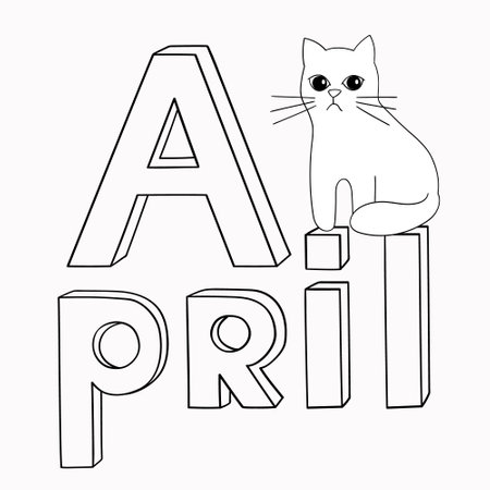 Handwritten lettering phrase April. Hand drawn doodle text and cute sad cat sitting on letters. Calendar month for banner, flyer, greeting card. Stock vector illustration isolated on white background.のイラスト素材