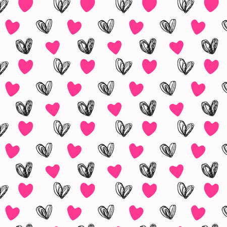 Seamless pattern of black hearts in doodle style and pink flat hearts. Background scrapbooking paper for Valentines day. Stock vector illustration.のイラスト素材