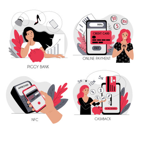 Mobile banking concept illustration. Contactless payment online credit card paying NFC technology cashback investment and accumulation of money. Stock vector illustration isolated on white backgroundのイラスト素材