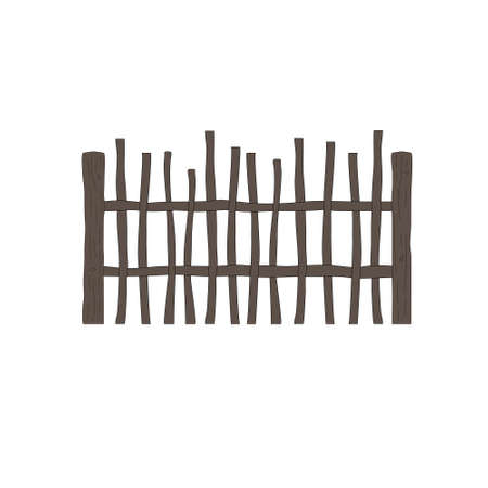 Antique wooden cartoon fence made of sticks logs branches. Stock vector flat illustration isolated on white background.のイラスト素材