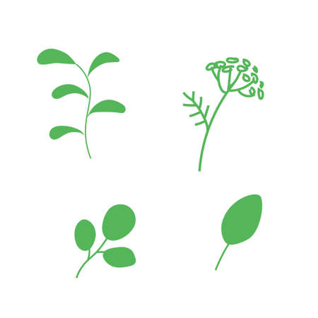 Green grass leaves and flowers hand drawn doodle silhouette set. Simple Scandinavian style. Stock vector illustration isolated on white background.のイラスト素材