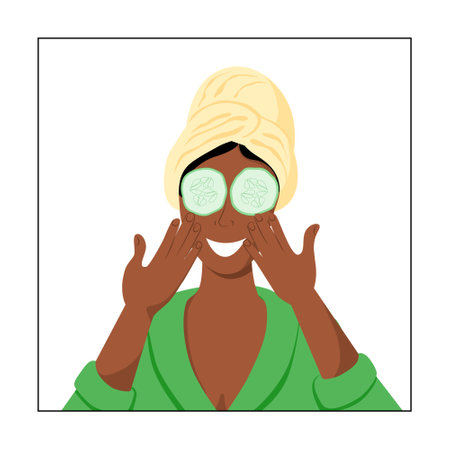African young woman after a shower in a robe and a towel on her head makes a cucumber mask. Daily self care routine. Natural cosmetic. Stock vector flat illustration isolated on white background.のイラスト素材