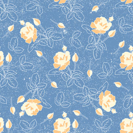 Delicate yellow roses seamless pattern. Hand drawn flat silhouettes of flowers on texture background. Rich floral ornament of lush inflorescence scrapbooking wrapping paper. Stock vector illustrationのイラスト素材