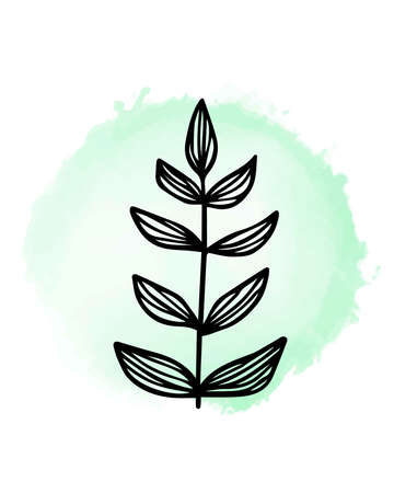 Branch with leaves on watercolor round spot background. Hand drawn plant sprig for social media cover boho wall art poster. Pastel earth color. Stock vector illustration isolated on white backgroundのイラスト素材
