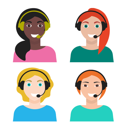 Set of woman telemarketer, call center operator, hot line, vector illustration, isolated on white background, flat styleのイラスト素材
