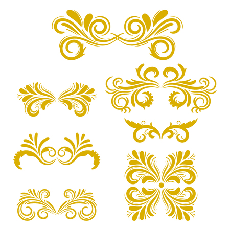 Abstract gold curly design element set isolated on white background. Dividers. Swirls. Vector illustration.のイラスト素材