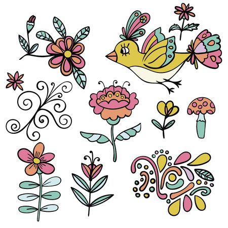 Set of abstract tropical flora doodlel elements isolated on white background.のイラスト素材