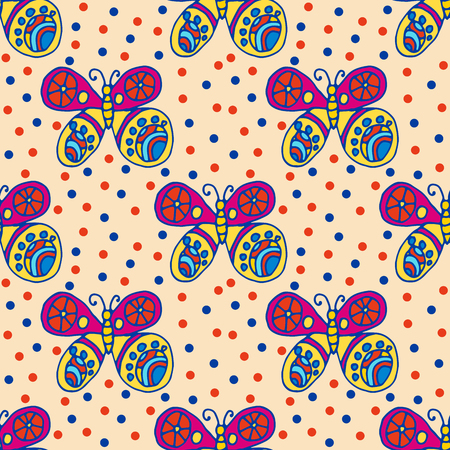 Repeating pattern with hand-drawn colorful butterflies and small circles around in children's style on beige. Festive seamless abstract background, infinity wrapping paper vector illustration.のイラスト素材