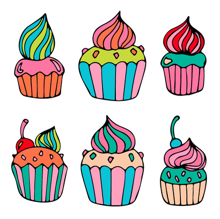 Hand drawn colorful doodle cake set vector illustration.のイラスト素材