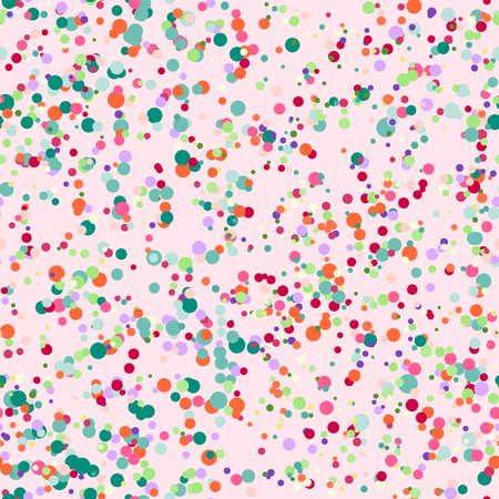 Abstract seamless pattern with colorful blue, yellow, orange, red, chaotic small circles on pink.のイラスト素材