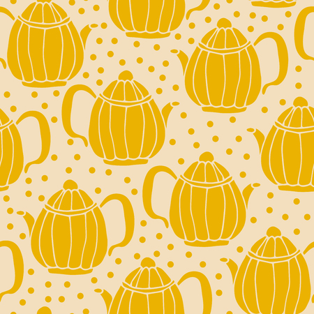 Cute yellow hand drawn teapot, dishes for tea, seamless pattern with little dots. Vector illustration.のイラスト素材
