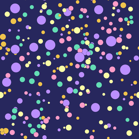 Colorful messy dots on navy blue background. Festive geometric seamless pattern with round shapes - circle. Dotted texture for wrapping paper, web. Vector illustration.のイラスト素材