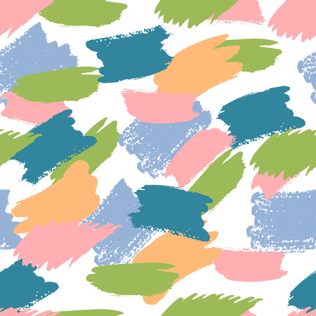 Colorful grunge seamless pattern with abstract hand drawn brush strokes and paint splashes, lines, geometrical shapes. Messy infinity texture, modern grungy background. Vector illustration.のイラスト素材