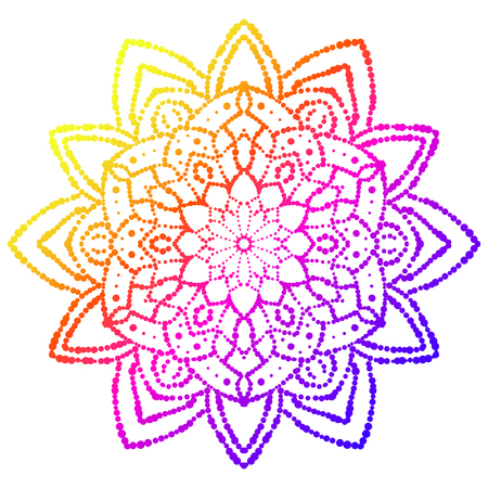 Colorful dotted mandala. Gradient floral decorative element. Ornamental round doodle flower isolated on white background. Geometric circle element. Vector illustration.のイラスト素材