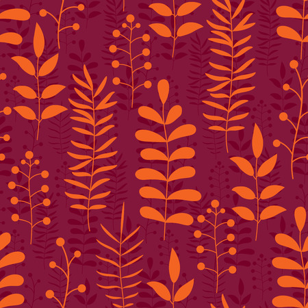 Floral autumn orange and marsala red seamless pattern with branches and leaves. Autumn foliage background. Natural ornament. Cute flowers wrapping paper. Vector illustration.のイラスト素材