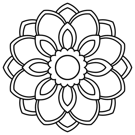 Ornamental round doodle flower isolated on white background. Black outline mandala. Geometric circle element. Vector illustration.のイラスト素材