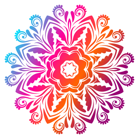 Colorful gradient flower mandala. Hand drawn decorative element. Ornamental round doodle floral element isolated on white background. Vector illustration.のイラスト素材