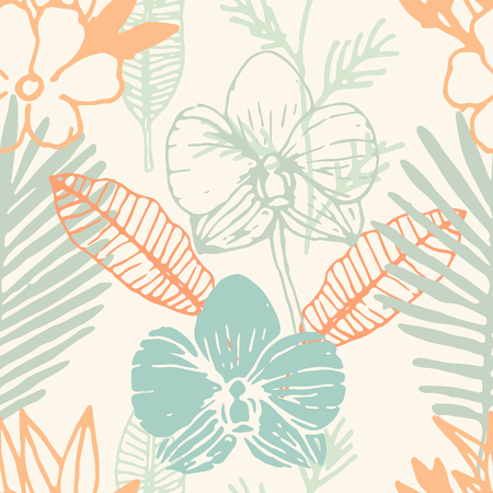 Tropical seamless pattern with frangipani, palm leaves, orchid flower. Floral colorful background. Vector illustration.のイラスト素材