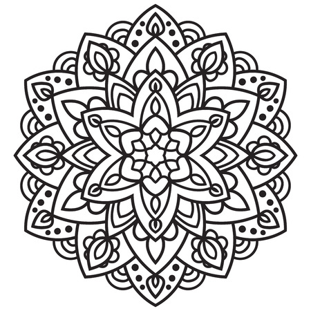Ornamental round doodle flower isolated on white background. Black outline mandala. Geometric circle element. Vector illustration.のイラスト素材