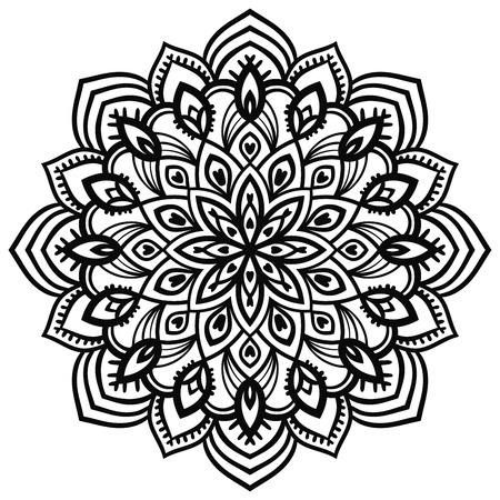 Ornamental round doodle flower isolated on white background. Black outline mandala. Geometric circle element. Vector illustration.のイラスト素材