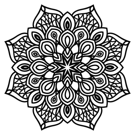 Ornamental round doodle flower isolated on white background. Black outline mandala. Geometric circle element. Vector illustration.のイラスト素材