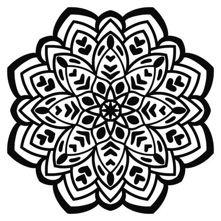 Ornamental round doodle flower isolated on white background. Black outline mandala. Geometric circle element. Vector illustration.のイラスト素材
