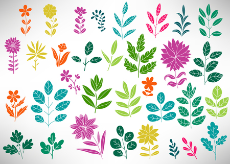 Floral Set of colorful doodle elements, tree branch, bush, plant, leaves, flowers, branches petals isolated on white. Collection of flourish elements for design. Vector illustration.のイラスト素材