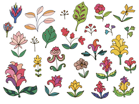 Colorful fantasy flowers set. Set of thin line doodle floral elements isolated on white background. Vector illustration.のイラスト素材