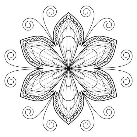 Ornamental fantasy doodle flower isolated on white background. Black outline mandala. Floral circle element. Vector illustration.のイラスト素材