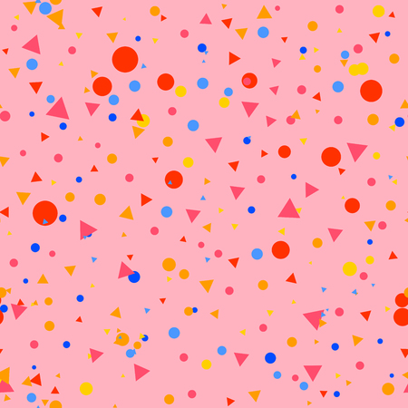 Colorful messy dots, triangles on pink background. Festive seamless pattern with round shapes. Grunge dotted texture for wrapping paper, web. Vector illustration.のイラスト素材