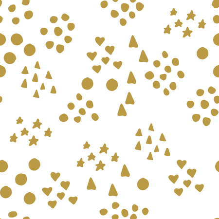 Abstract seamless pattern with cute gold chaotic small circles, stars, hearts and triangles on white. Infinity geometric pattern. Vector illustration.のイラスト素材