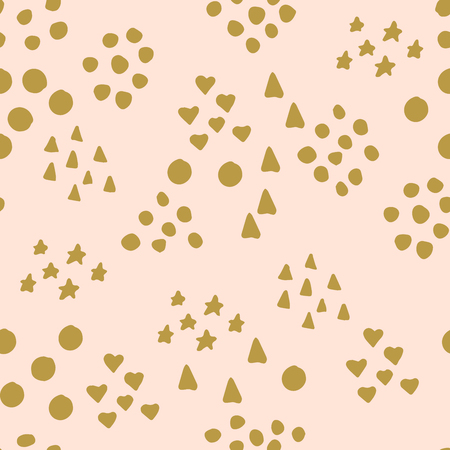 Abstract seamless pattern with cute gold chaotic small circles, stars, hearts and triangles on pink. Infinity geometric pattern. Vector illustration.のイラスト素材