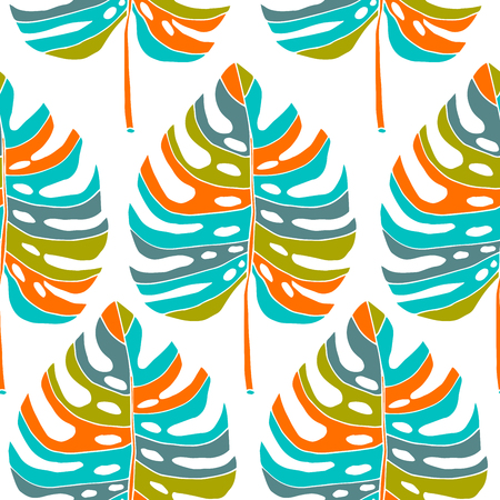 Monstera leaves, tropical floral seamless pattern. Colorful vector illustration.のイラスト素材