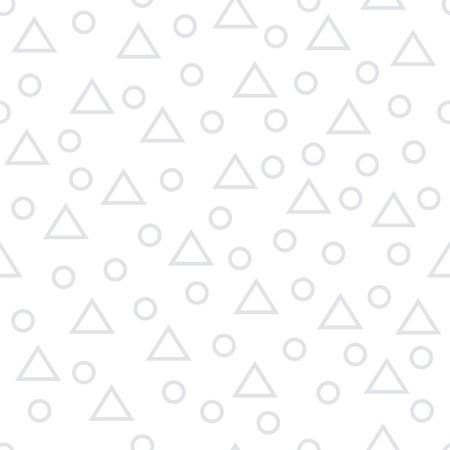 Seamless geometric pattern with gray thin line randomly arranged triangles and rings on white background. Abstract geometrical background of triangle, circle. Vector illustration.のイラスト素材