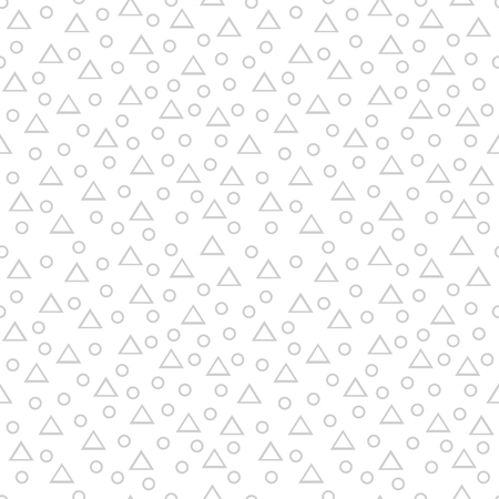 Seamless geometric pattern with gray thin line randomly arranged triangles and rings on white background. Abstract geometrical background of triangle, circle. Vector illustration.のイラスト素材