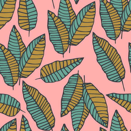 Cute floral seamless pattern with tropical hand drawn palm leaves. Vector illustration.のイラスト素材
