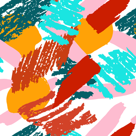 Colorful geometric calligraphic grunge seamless pattern with hand drawn brush strokes, circles, rings and paint splashes, lines, geometrical shapes. Messy texture, grungy background. Vector.のイラスト素材